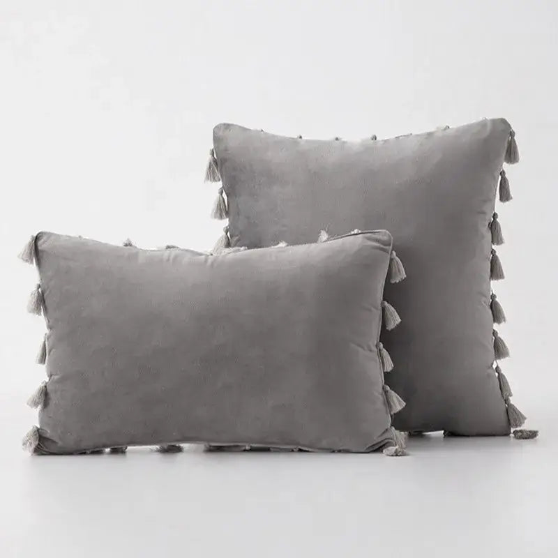 Black velvet tassel fringe pillow cover with gray velvet throw pillows and matching tassels for living room decorbites