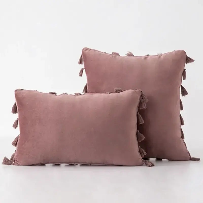 Pair of mauve velvet throw pillows with tassel fringe pillow covers from decorbites black velvet collection for living room sofa