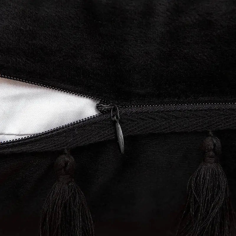 Black velvet tassel fringe pillow cover with zipper closure and matching tassels for living room sofa decorbites