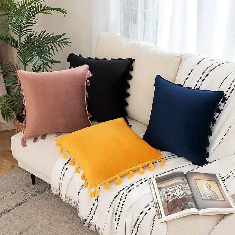 Set of velvet throw pillow covers in blush pink black navy blue and mustard yellow with tassel fringe decorbites black velvet