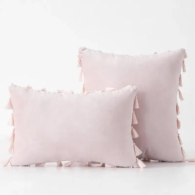 Soft blush pink rectangular and square throw pillow covers with matching tassel fringe for decorbites black velvet collection
