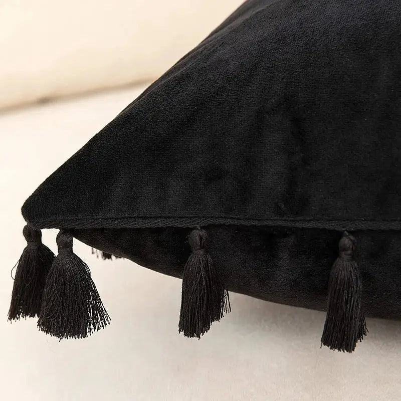 Black velvet tassel fringe pillow cover by decorbites with matching tassels for living room sofa decor