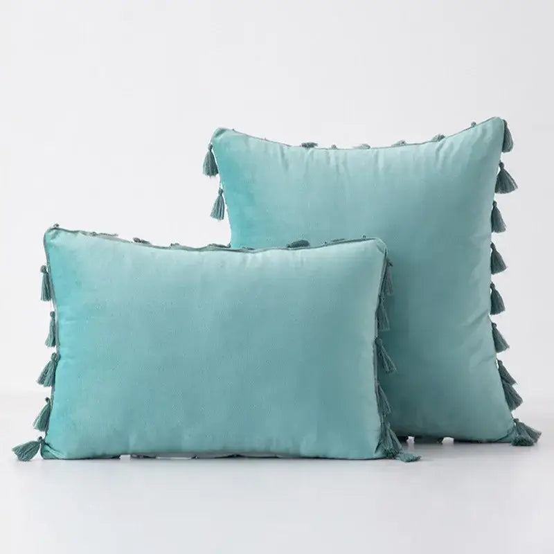 Teal velvet throw pillow cover with matching tassel fringe edges from decorbites black velvet for living room sofa