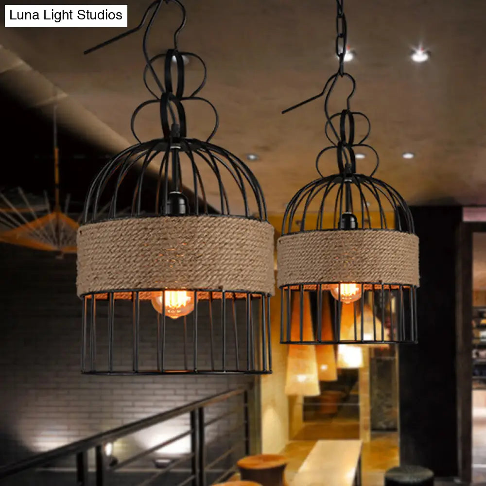 Black Vintage Birdcage Pendant Lamp with Hemp Rope
