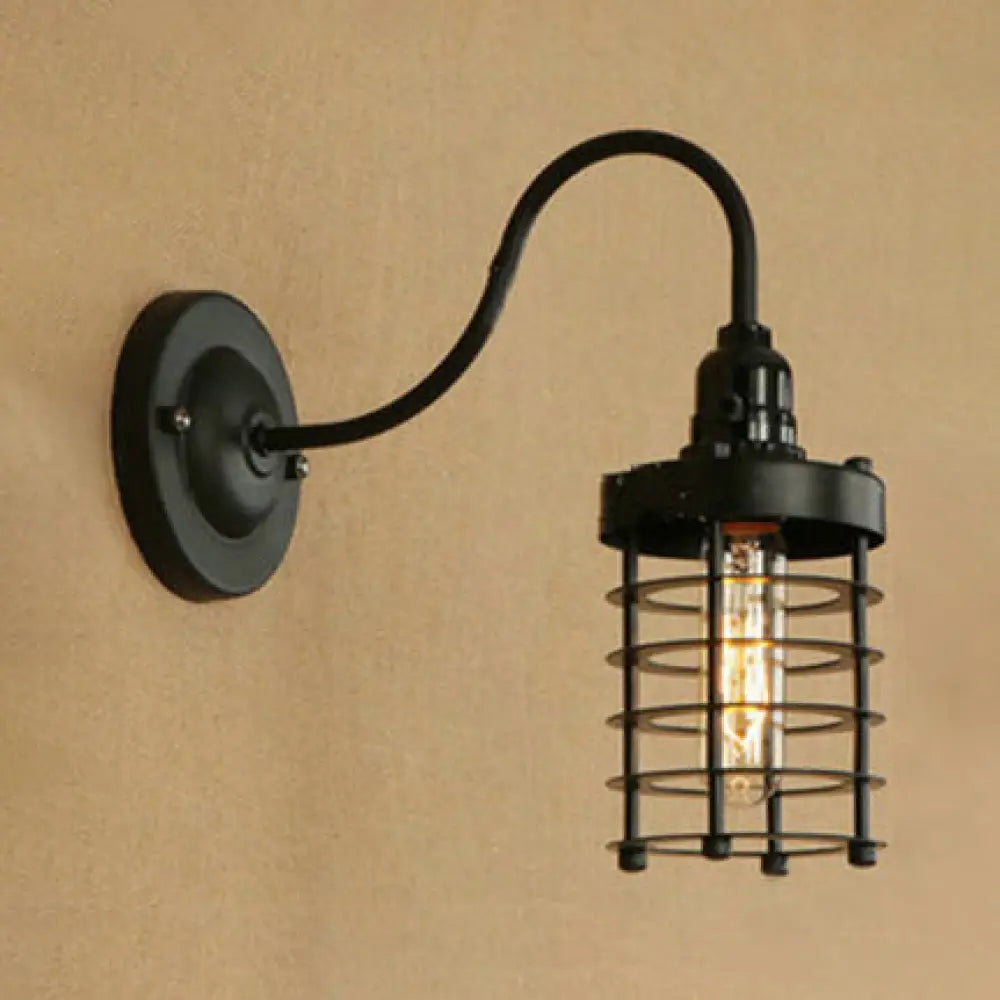 Black Vintage Industrial 1-Head Wall Light with Curved Arm - Iron Cylinder Cage Shade Wall Mount Fixture for Bedroom