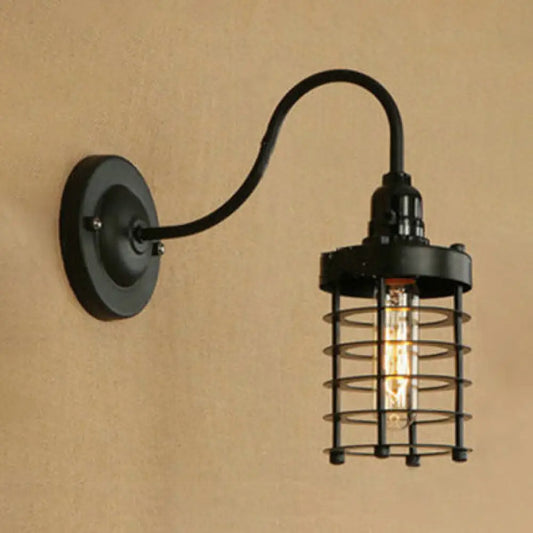 Black Vintage Industrial 1-Head Wall Light with Curved Arm - Iron Cylinder Cage Shade Wall Mount Fixture for Bedroom