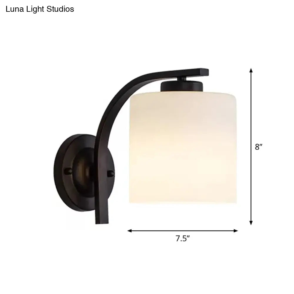 Black Wall Sconce with Ivory Glass Cylinder and Curved Arm - 1-Light, Wall Mounted Lamp