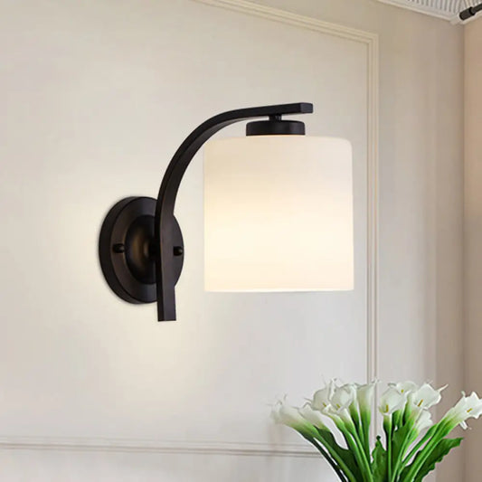 Black Wall Sconce with Ivory Glass Cylinder and Curved Arm - 1-Light, Wall Mounted Lamp