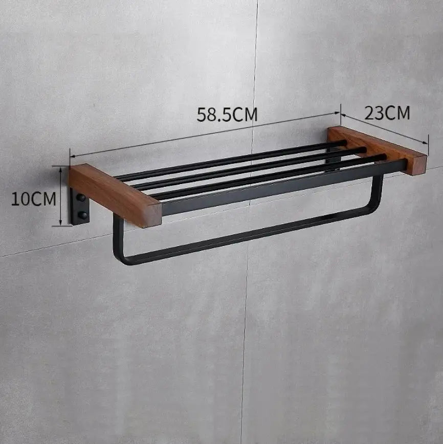Black metal and wood towel rack from decorbites black walnut bathroom set with modern industrial design and storage features
