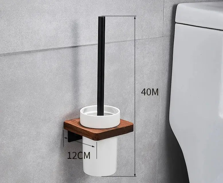 Modern wall-mounted toilet brush holder with white ceramic base dark wood accent and black metal handle from decorbites black walnut bathroom set