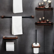 Dark wood corner shelf from decorbites black walnut bathroom set with glass vase and dark amber bottles for storage