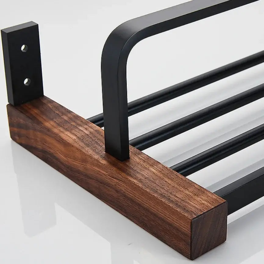 Modern black metal towel rack with dark wood base in decorbites black walnut bathroom set for stylish storage and use