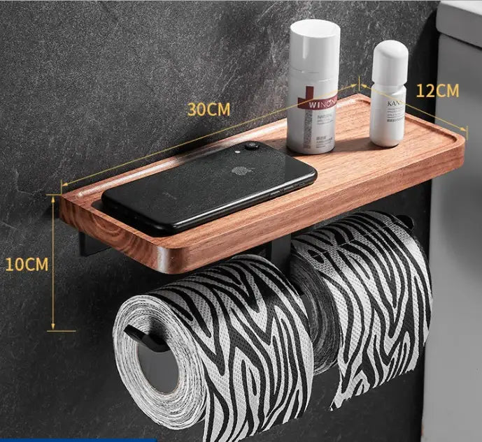 Wooden wall-mounted shelf with integrated toilet paper holder in natural black walnut for decorbites black walnut bathroom set