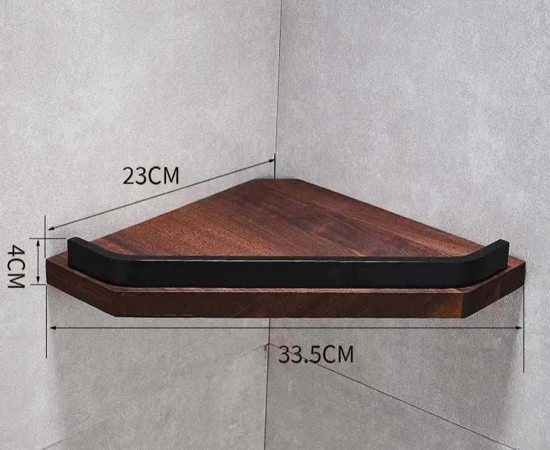 Dark brown wooden corner shelf with black metal trim from decorbites black walnut bathroom set for bathroom storage and decor