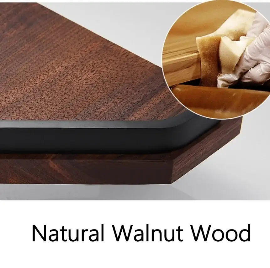 A sleek dark brown natural walnut wood cutting board with black edge trim in decorbites black walnut bathroom set