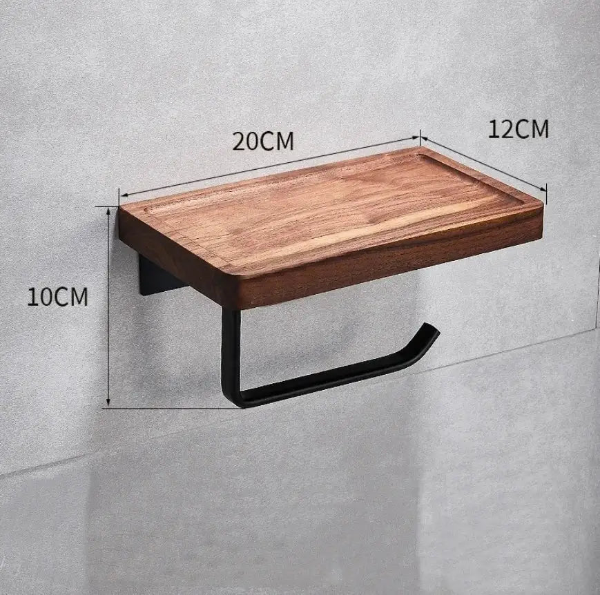 Modern wooden and black metal toilet paper holder with sleek tray from decorbites black walnut bathroom set