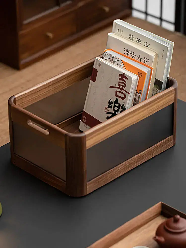 A rectangular black walnut wood desktop organizer with dark brown finish and integrated side handles for office storage