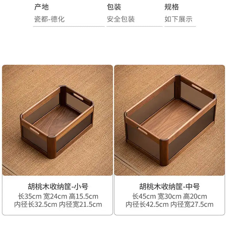 Rectangular black walnut wood desktop organizer with dark brown finish and transparent side panels for office storage