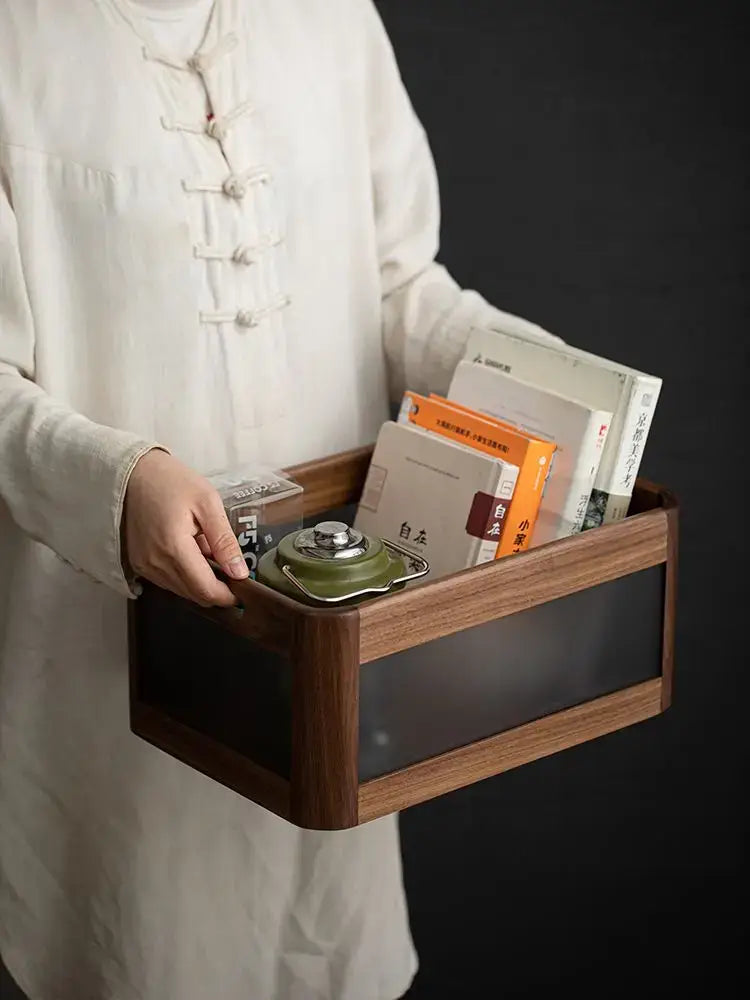 Black walnut wood desktop organizer set with dark wood floating shelf, glass panel, and green tea set for office storage