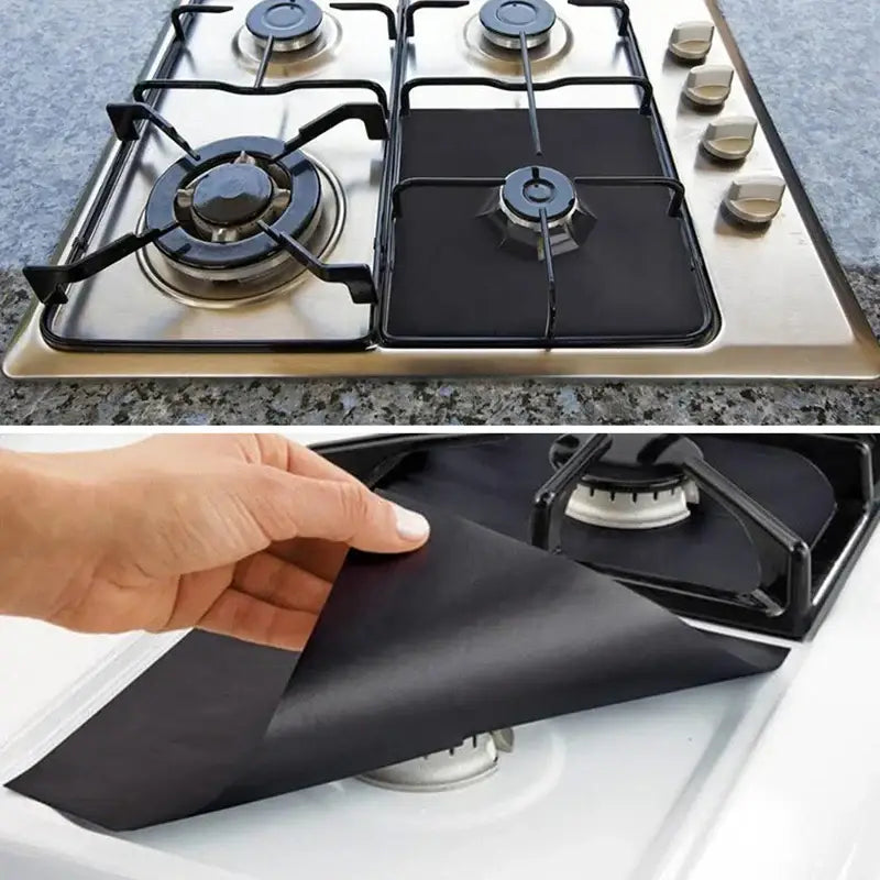 Black washable heat-resistant gas stove surface protector mats designed to safeguard stove surfaces during cooking