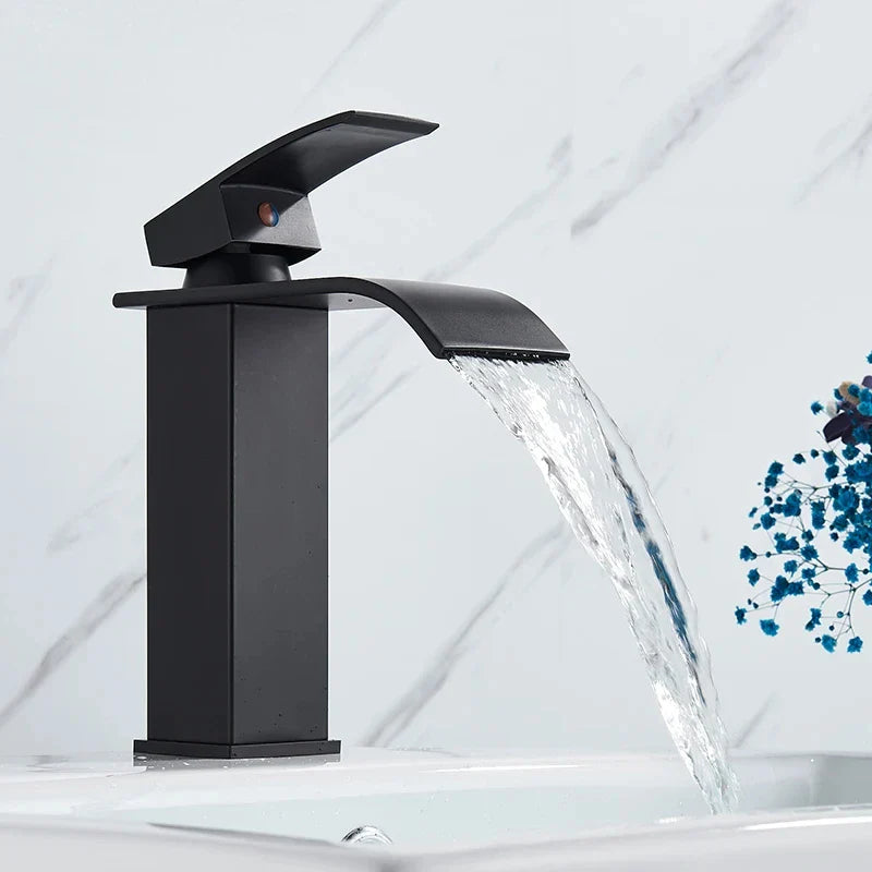 Black waterfall bathroom faucet single hole matte finish sleek modern design mixer tap for hot and cold water