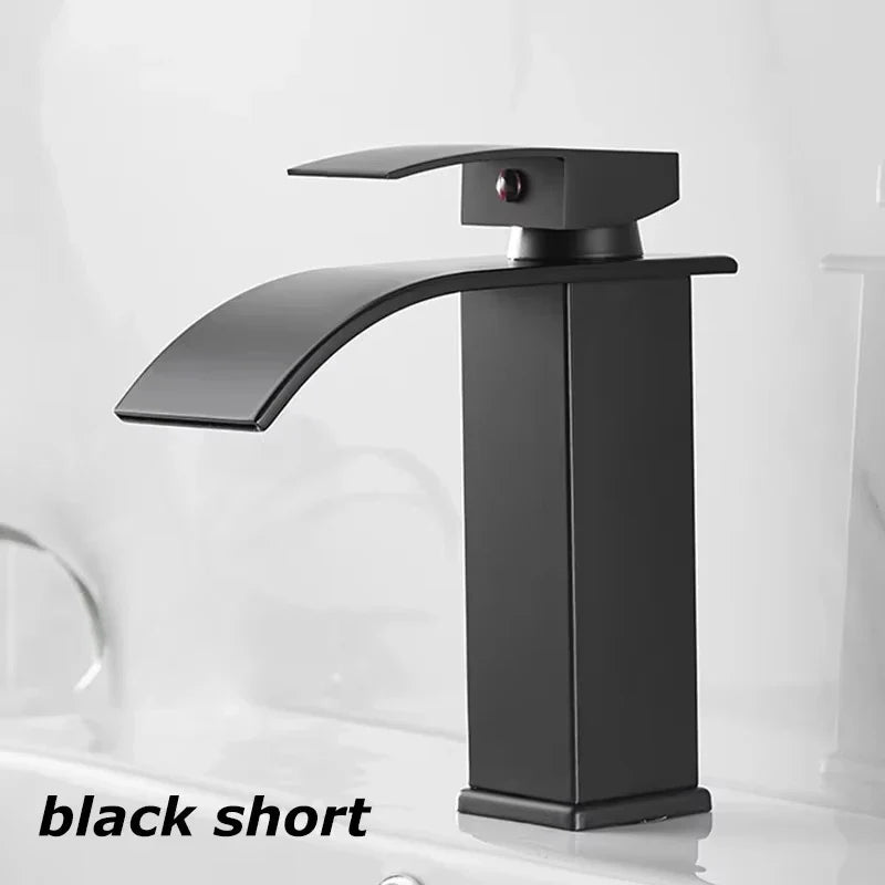 Black waterfall bathroom faucet with single hole design cold water mixer tap in matte black finish and sleek curved spout