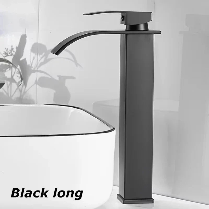 Black waterfall single hole bathroom faucet with sleek modern design matte finish and cold water mixer tap