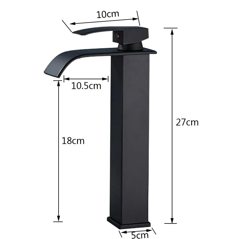 Black waterfall single hole bathroom faucet with matte black finish and curved spout for cold water use