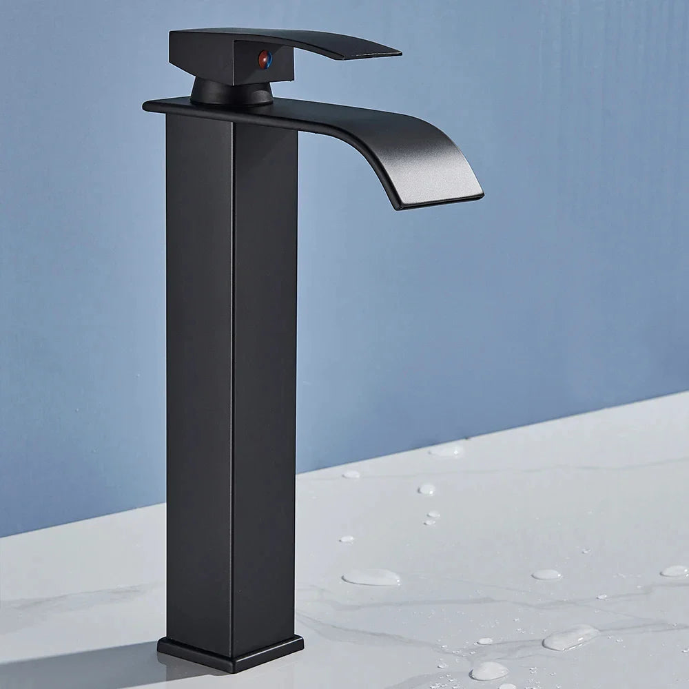 Black matte single hole waterfall bathroom faucet with curved spout for cold water basin sink mixer tap