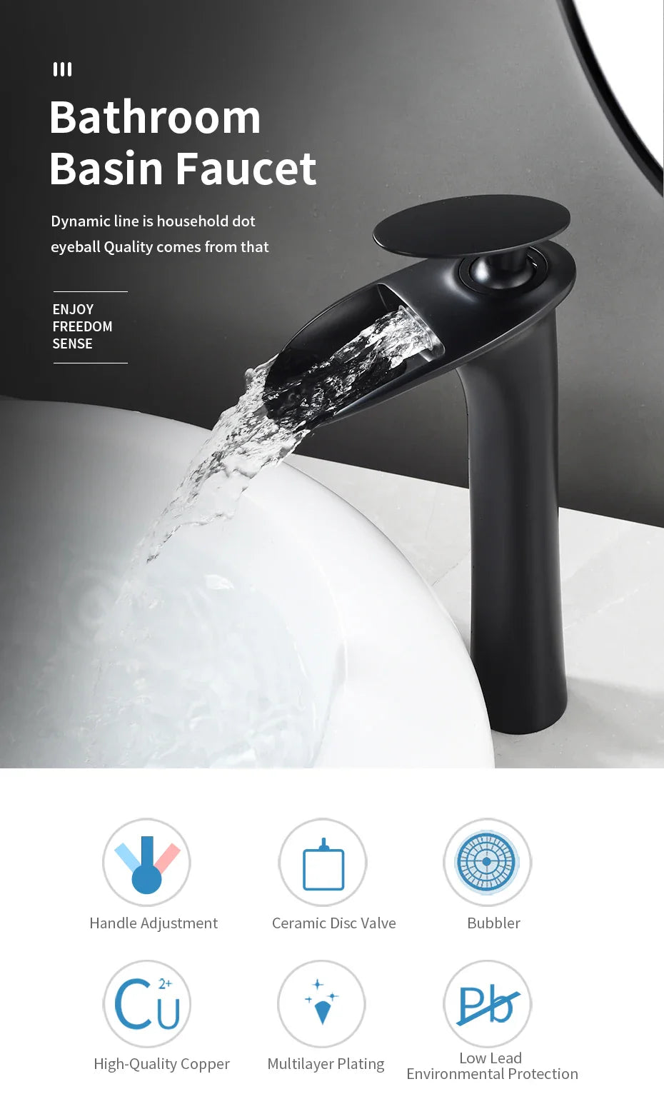 Black Waterfall Bathroom Faucet Mixer Tap