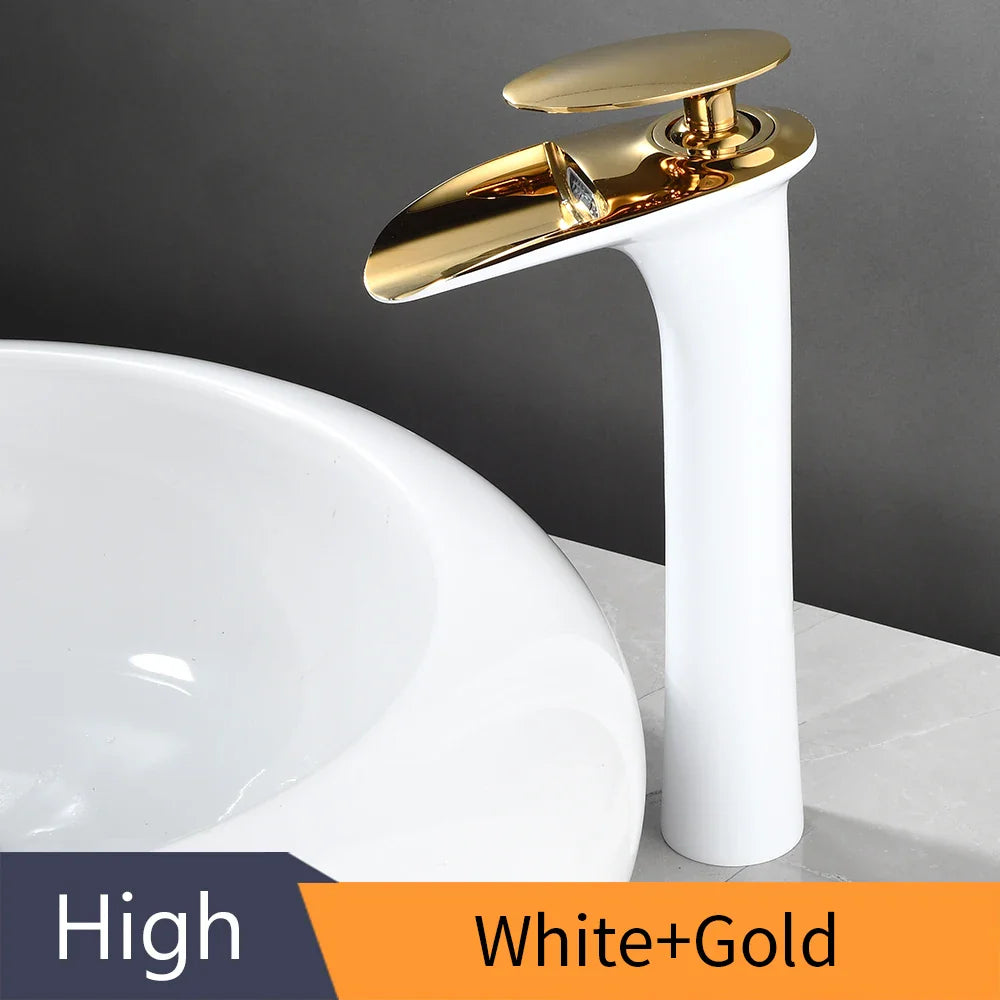 Black Waterfall Bathroom Faucet Mixer Tap - White and Gold / United States