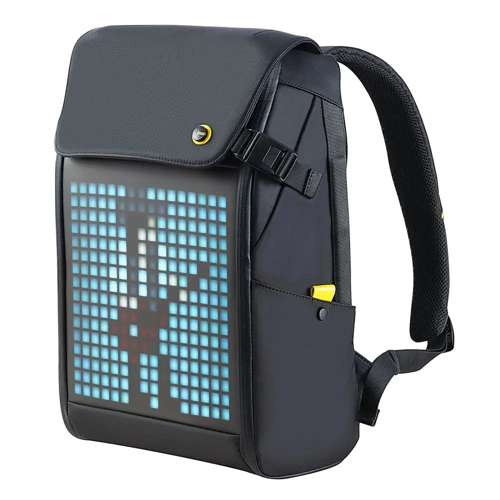 Black waterproof laptop backpack with rgb led screen featuring a glowing pixelated design in bedroom setting