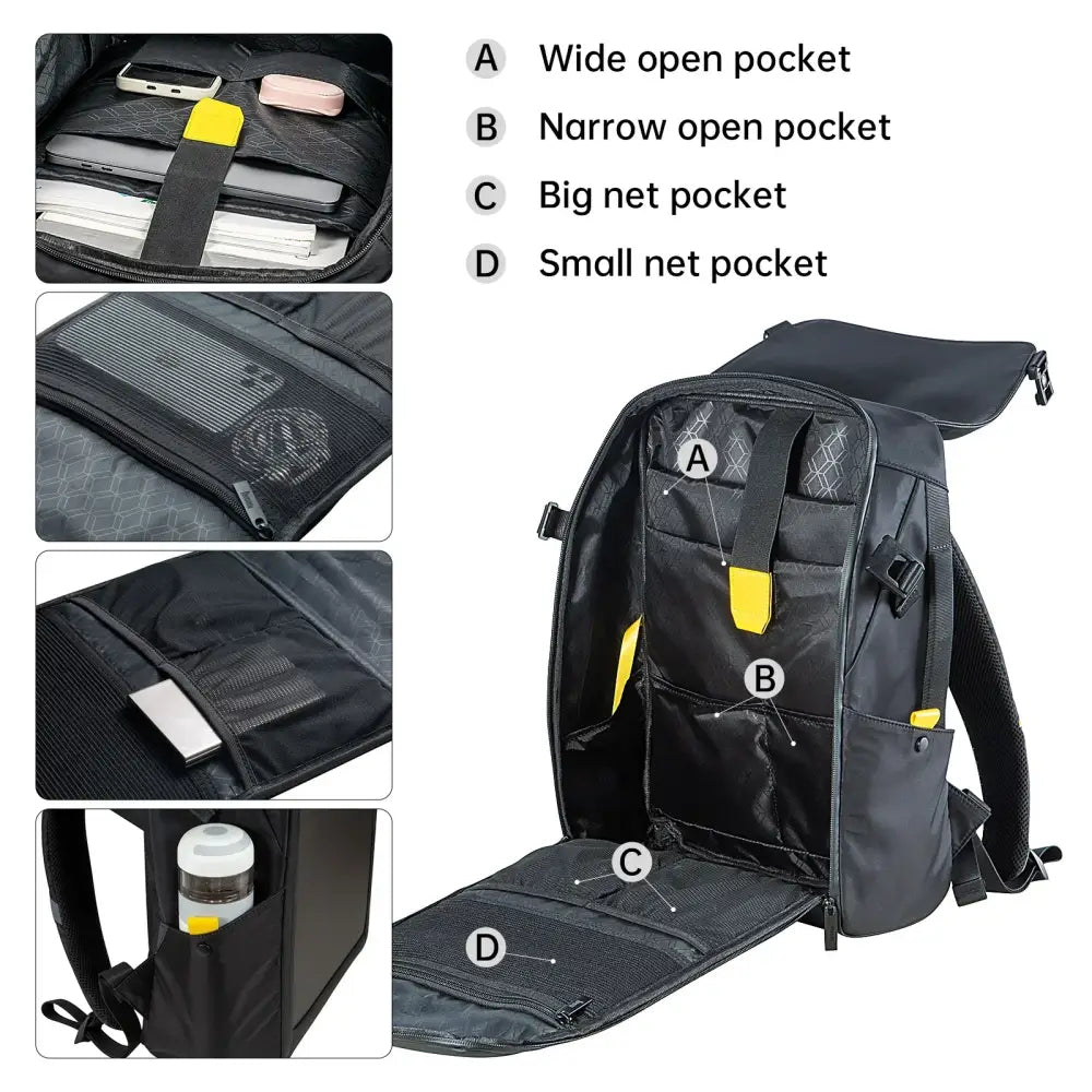 Black backpack with yellow accent straps and mesh pockets featuring a blue rgb led screen for laptop use