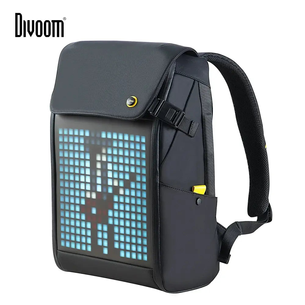 Black waterproof laptop backpack with glowing blue rgb led screen on the front panel in a bedroom setting