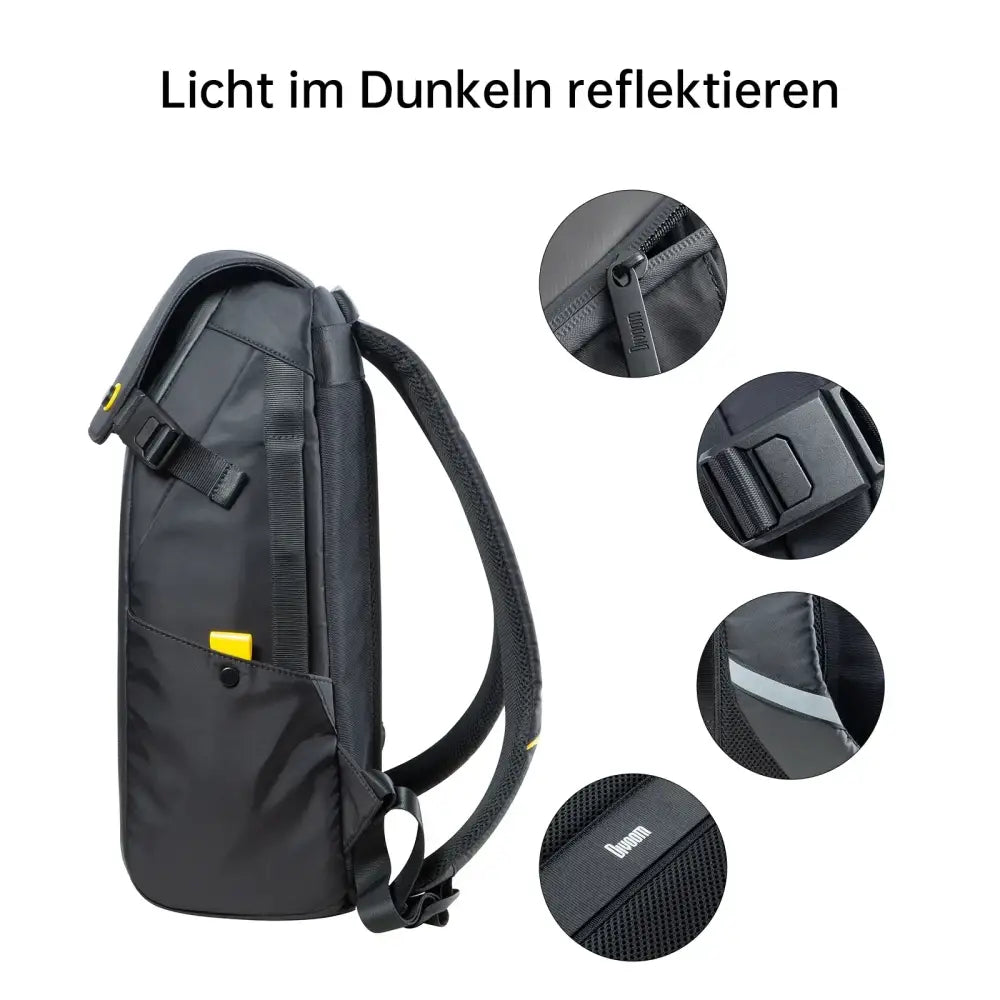 Black tactical backpack with yellow accents and durable fabric straps featuring blue rgb led screen for laptop use