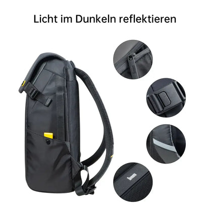 Black tactical backpack with yellow accents and durable fabric straps featuring blue rgb led screen for laptop use