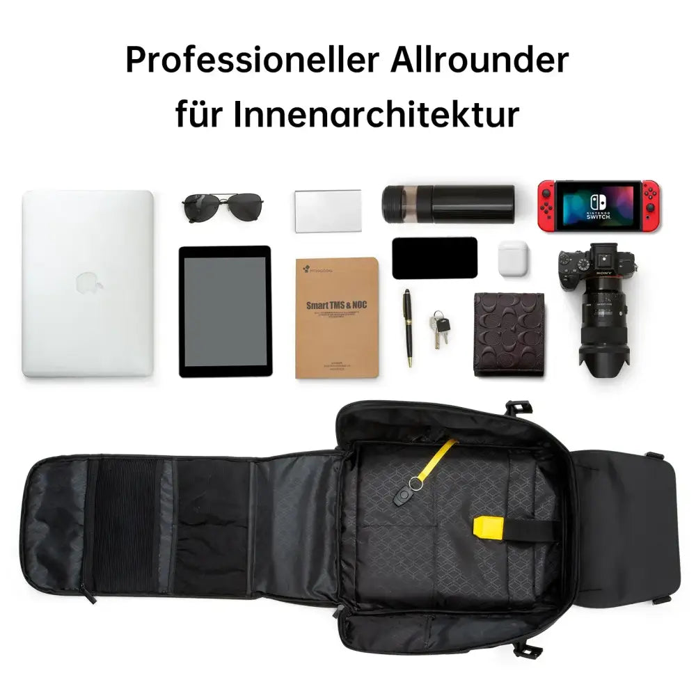 Black expandable backpack with internal compartments and yellow zipper pulls featuring a blue rgb led screen for interior architecture professionals