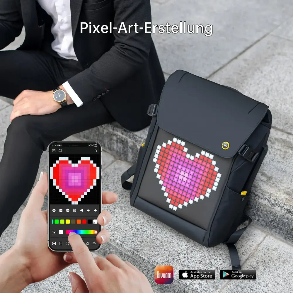 Black waterproof laptop backpack with rgb led screen and pixelated pink and red heart design on front panel