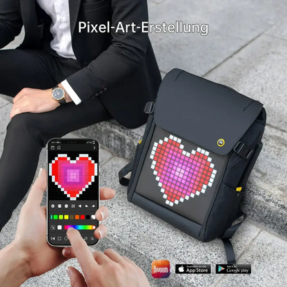 Black waterproof laptop backpack with rgb led screen and pixelated pink and red heart design on front panel