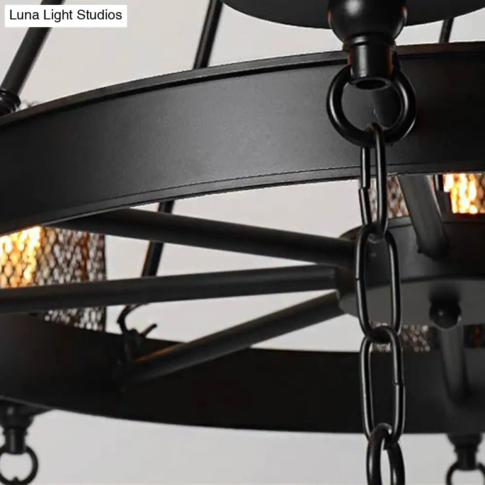 Black Wheel Design Bell Metallic Chandelier - Industrial 3/6 Lights Dining Room Hanging Lamp Kit