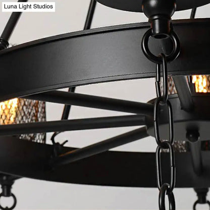 Black Wheel Design Bell Metallic Chandelier - Industrial 3/6 Lights Dining Room Hanging Lamp Kit