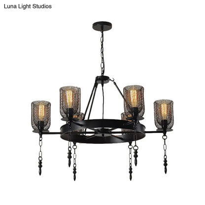 Black Wheel Design Bell Metallic Chandelier - Industrial 3/6 Lights Dining Room Hanging Lamp Kit