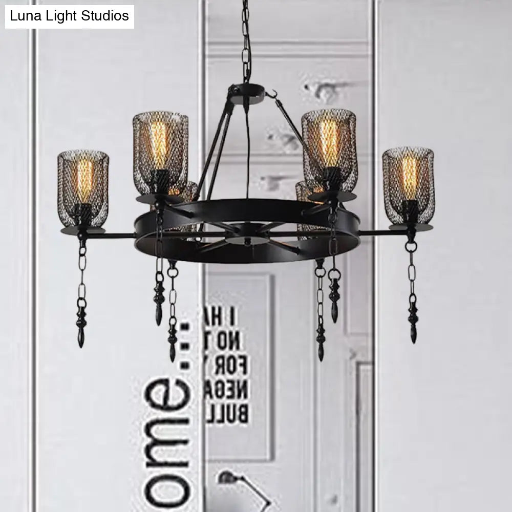 Black Wheel Design Bell Metallic Chandelier - Industrial 3/6 Lights Dining Room Hanging Lamp Kit