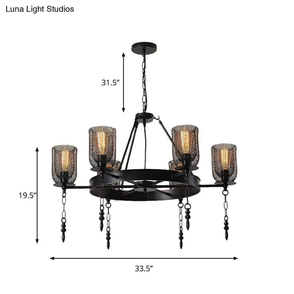 Black Wheel Design Bell Metallic Chandelier - Industrial 3/6 Lights Dining Room Hanging Lamp Kit