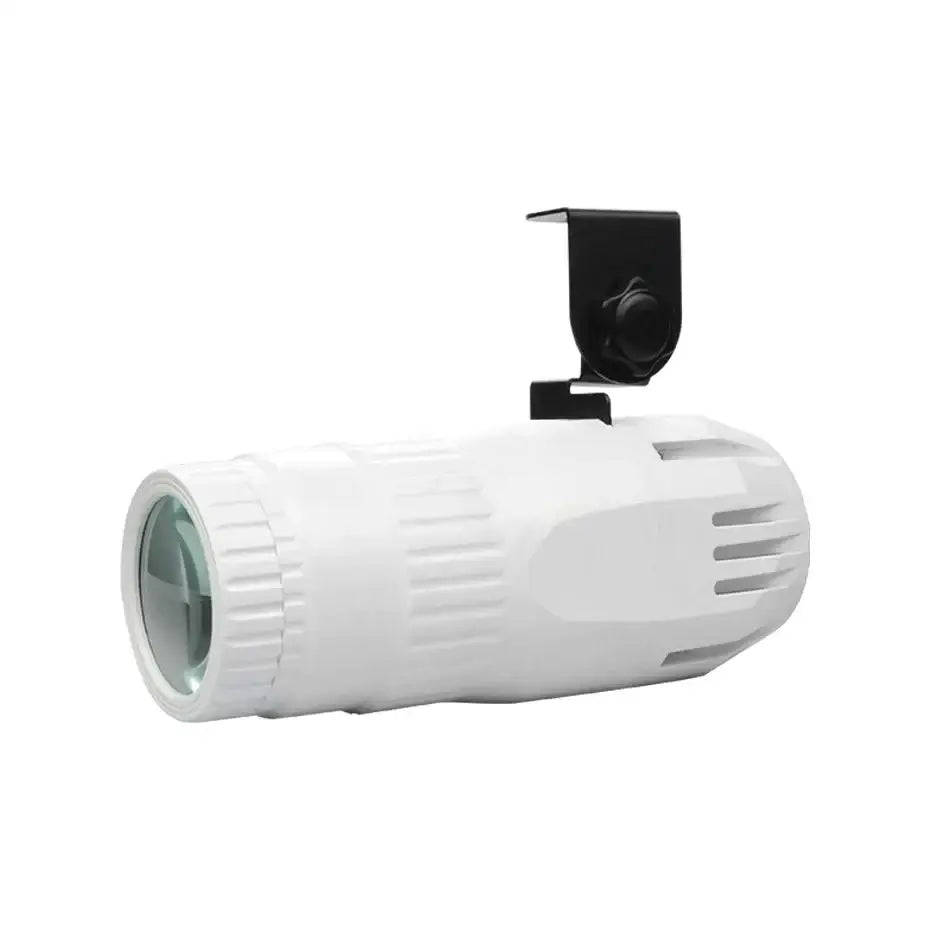 White cylindrical 15w rgbw led pinspot with black mounting bracket and textured surface for living room event lighting