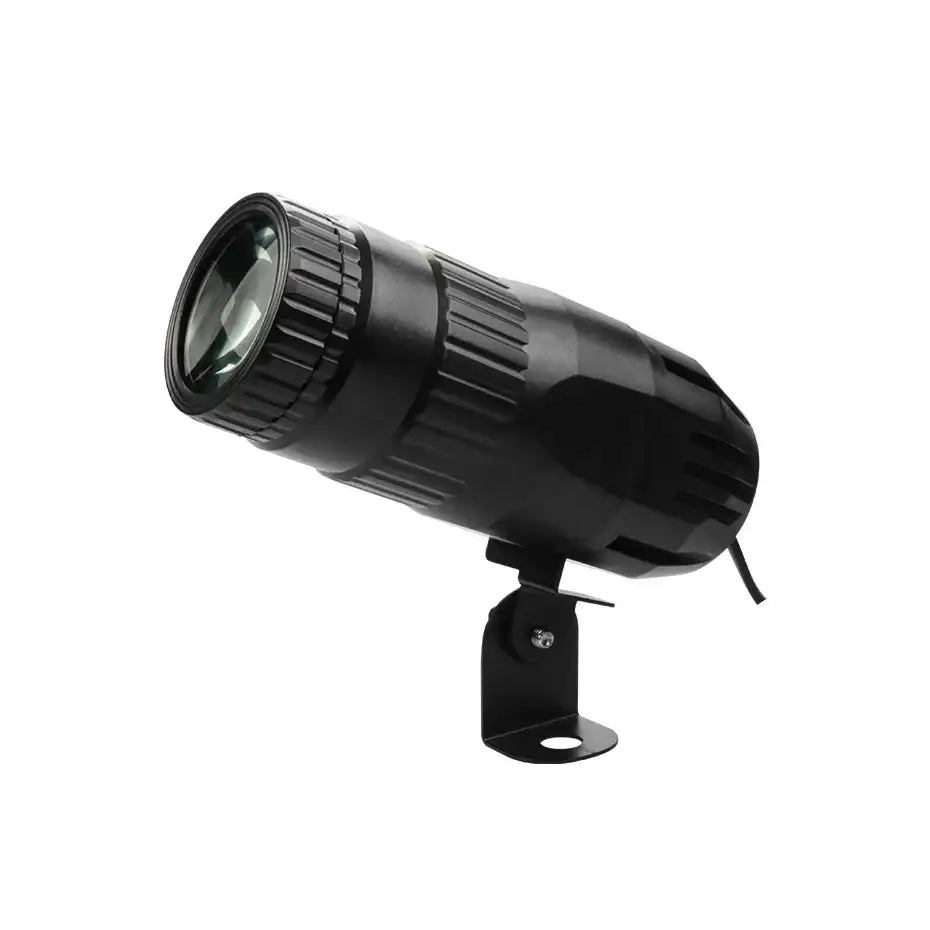 Black cylindrical 15w rgbw led pinspot with textured ridged surface and mounting bracket for living room event lighting