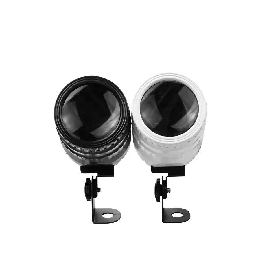 A pair of black and white 15w rgbw led pinspot beam lights with textured housings and mounting brackets for events