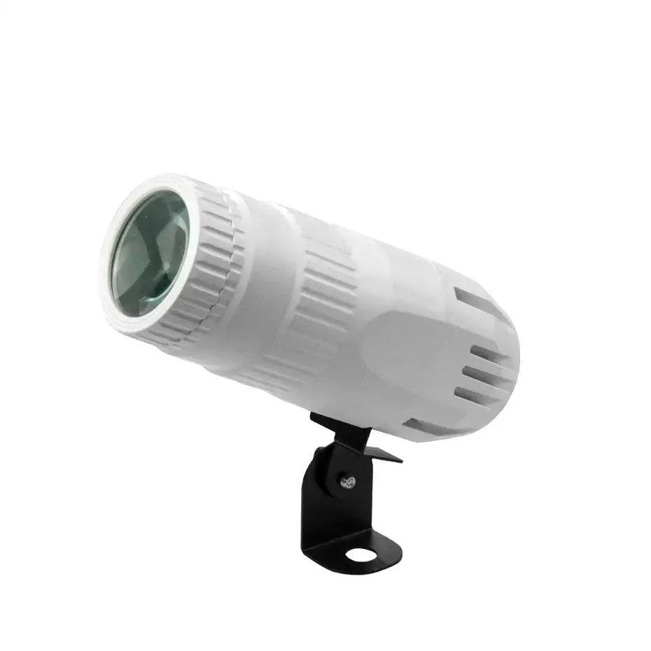 White cylindrical 15w rgbw led pinspot beam light with textured grip and ventilation mounted on black bracket for living room event