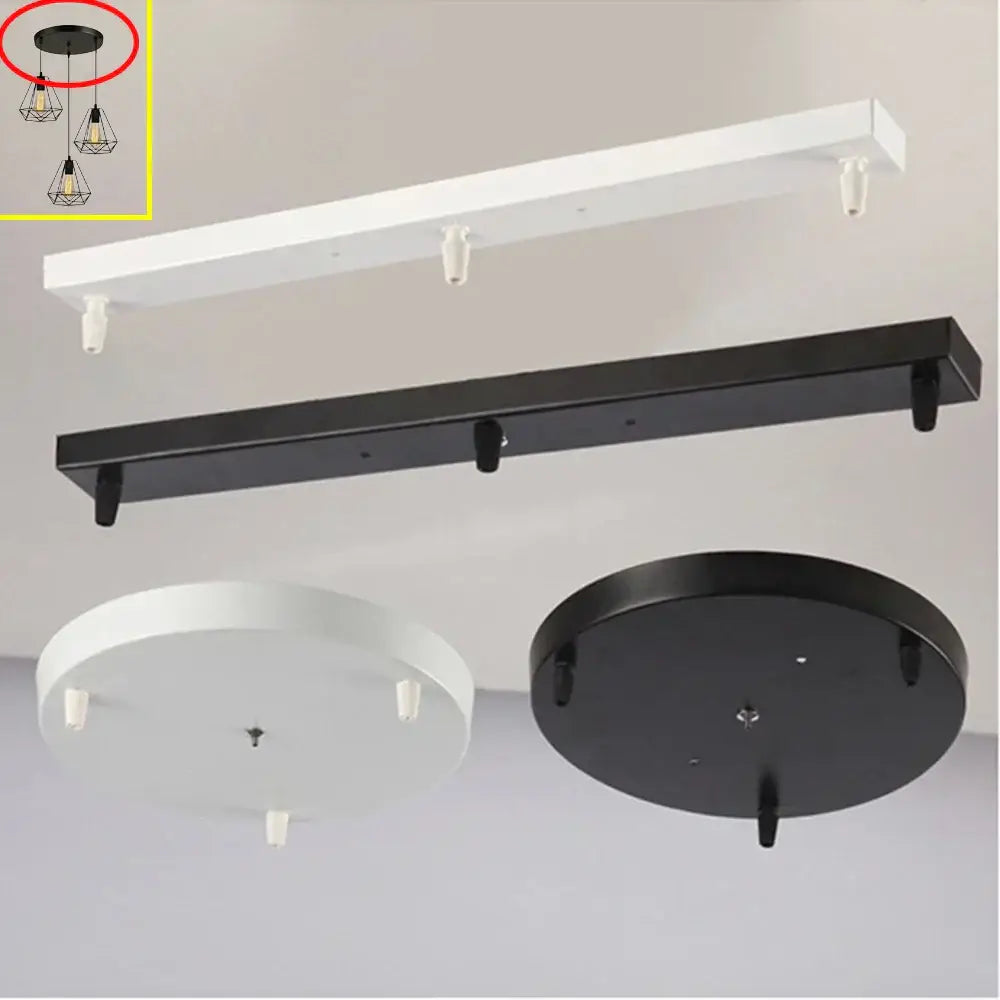 Black and white metal base canopy plate with adjustable hooks for hanging pendant light chandelier in dining room