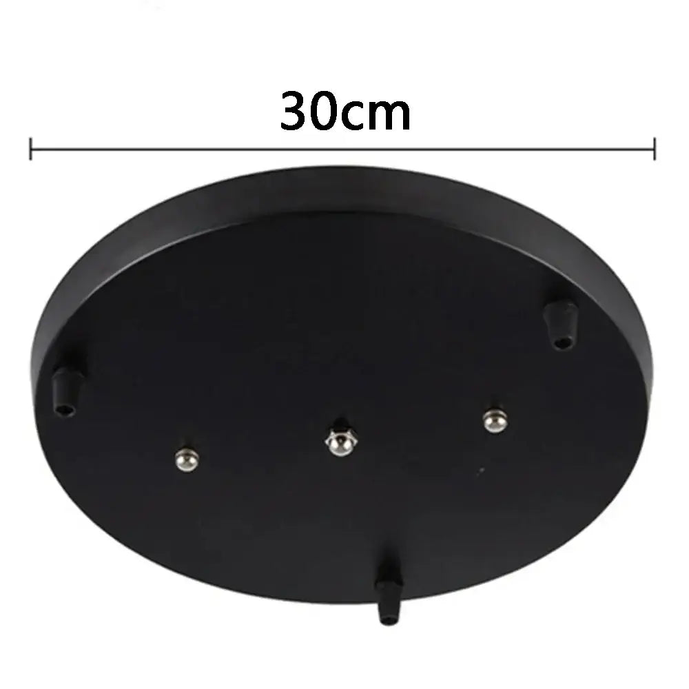 Black circular base canopy plate pendant light with 30cm diameter and four mounting points for dining room chandelier